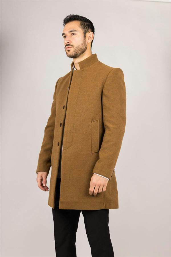 Infinity Leather Men's Tan Stand Collar Wool Blend Overcoat