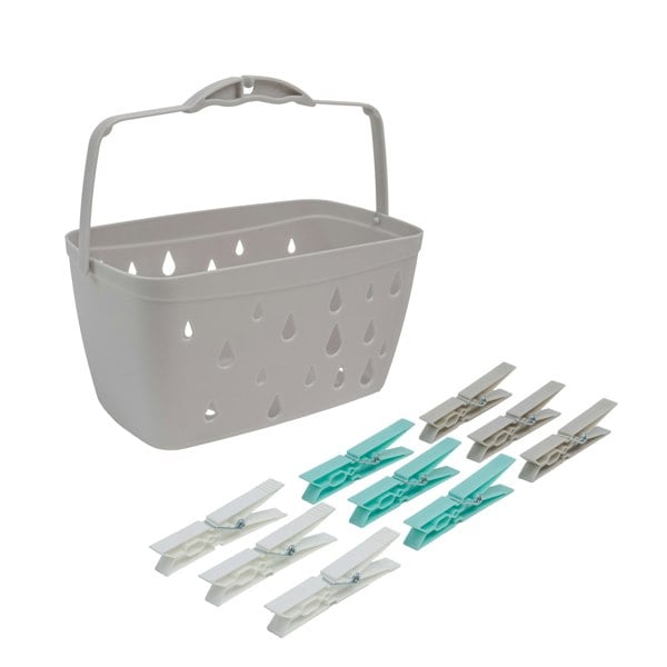 JVL Plastic Peg Basket, Grey with 24 Large Strong Plastic Pegs, Aqua