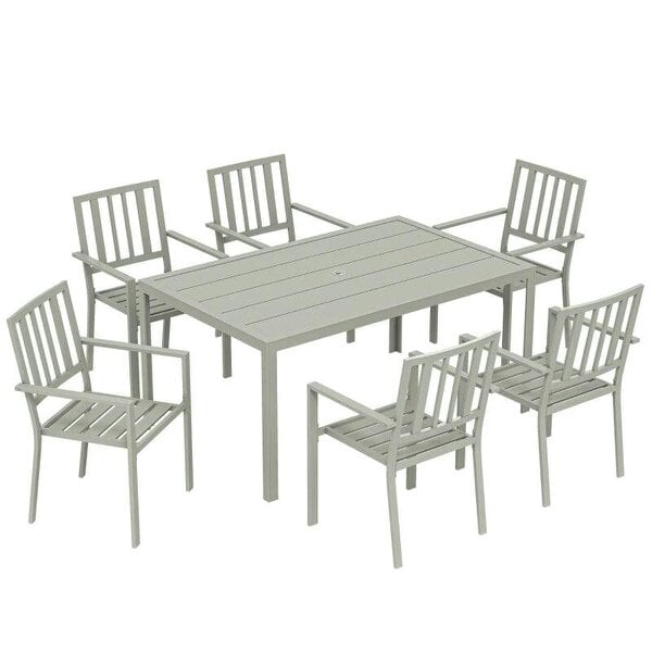 Garden Table and Chairs for 6, 7 Pieces Garden Furniture Set with Table, 6 Stackable Chairs and Umbrella Hole Light Grey