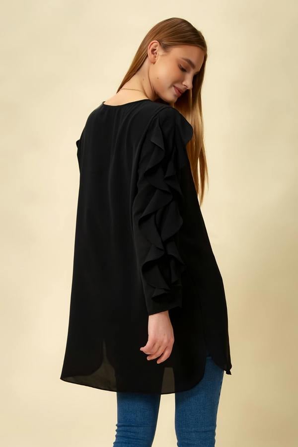 Hoxton Gal Oversized Ruffle Sleeve Relaxed Fit Tunic in Black