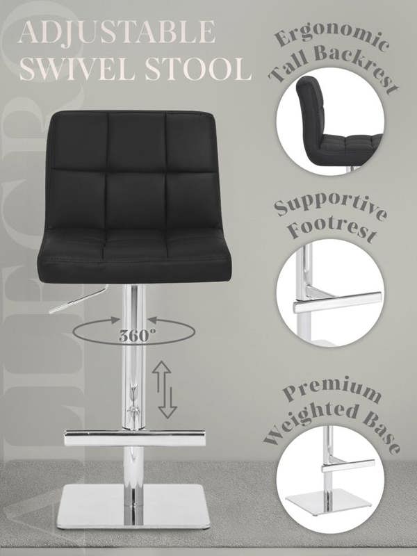Lamboro Allegro Signature Real Leather Adjustable Swivel Bar Stool with Square Base & Chrome Frame