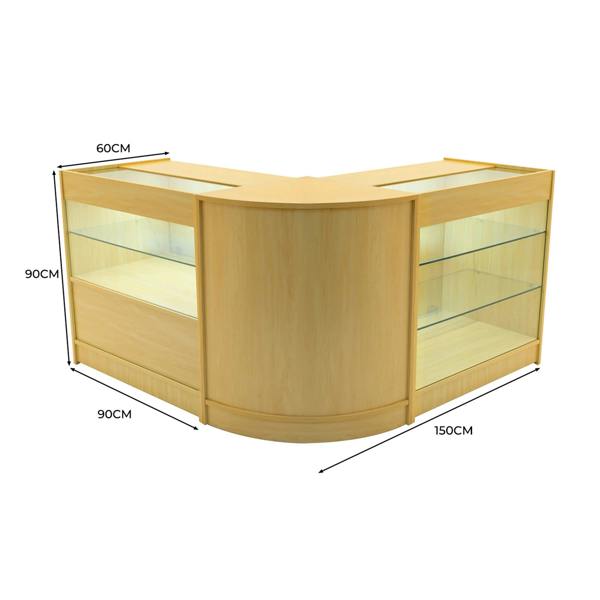 Hera LED Shop Counter Set in maple finish, featuring a curved design, glass shelves, and dimensions of 150cm x 90cm x 60cm