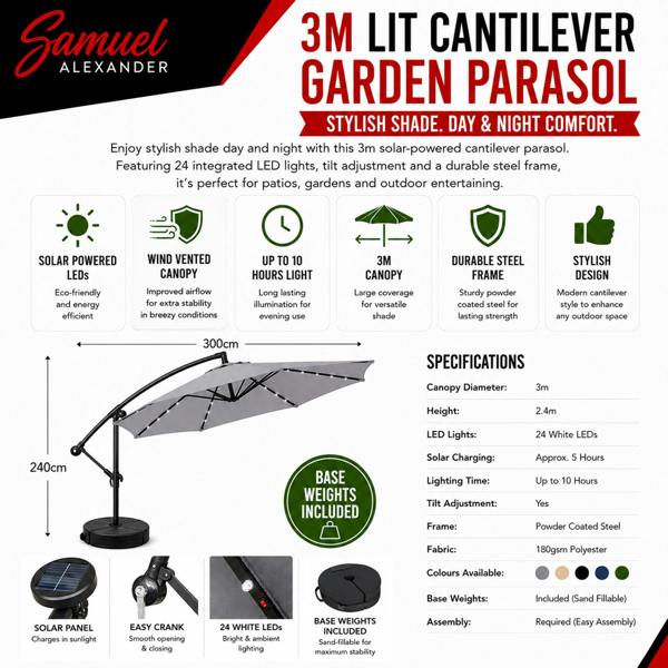 Samuel Alexander 3m Solar Powered Cantilever Lit Banana Garden Parasol with Crank Handle & White LED Lights in Grey with Base Bag Included