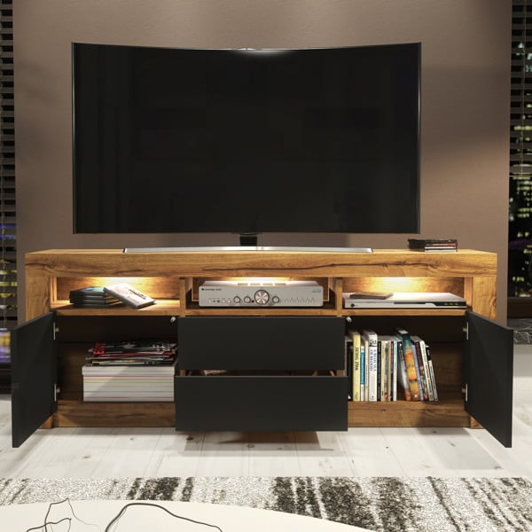 Mex Furniture Spacious 160cm TV Unit & Cabinet with Black Matt Doors and Free LED