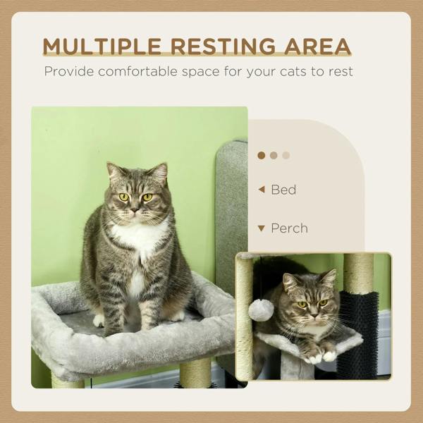 Grey cat tree with cushioned bed and scratching posts, with a cat on the perch.