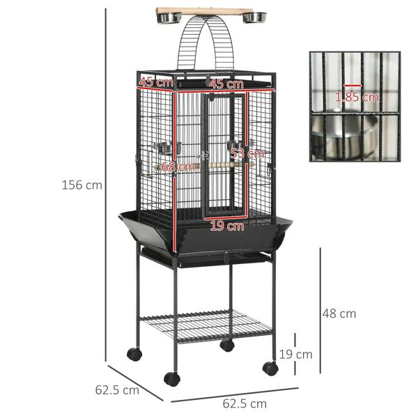 Dark grey bird cage with open play top, front bars, perch, and bottom storage shelf
