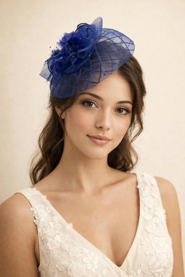 SVNX Feather Floral Mesh Fascinator in Navy