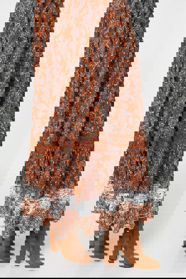 Rust | Paisley Shirred Lace Trim Maxi Dress
