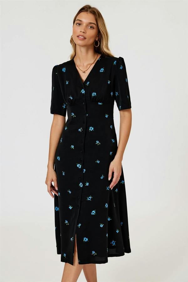 FS Collection Blue Floral Print Button Front Midi Dress In Black