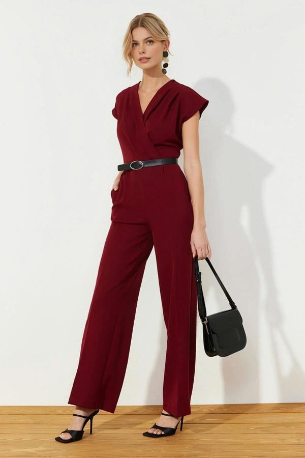 WOVCOR Wrap-Neck Wide-Leg Woven Jumpsuit with Belt