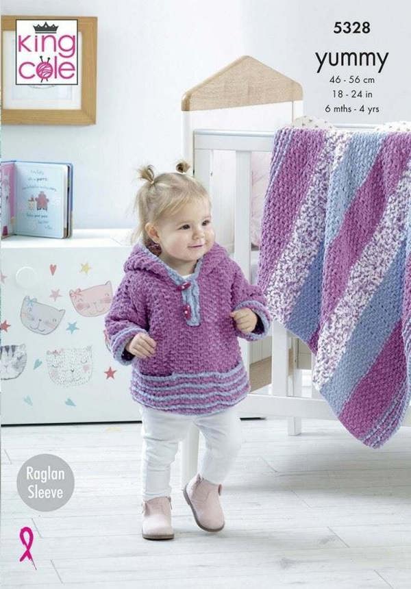 King Cole Comfort Chunky & Yummy Knitting Pattern 5328, Blankets, Cardigans, Hoodies for Baby, Kids, 6 Months - 4 Years