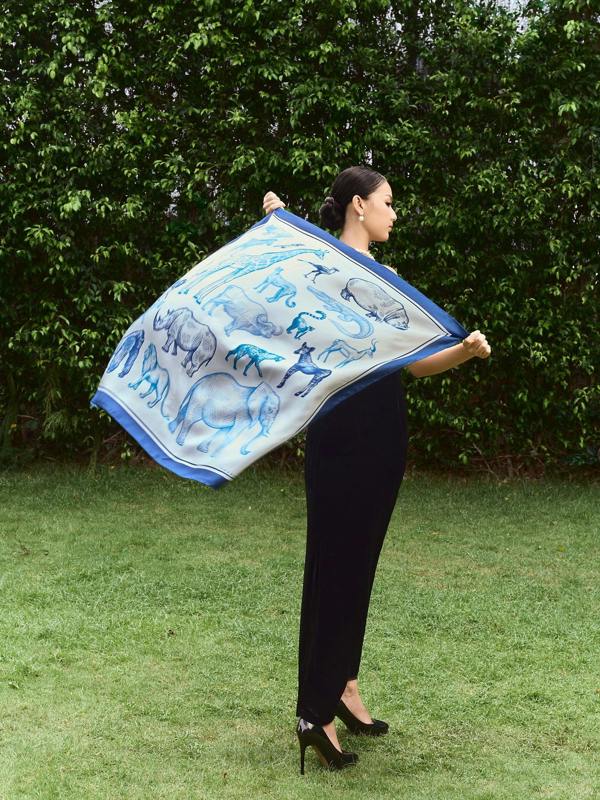 The Naturalist's Sketchbook Animal Print Twill Silk Scarf – Cornflower Blue & Ivory