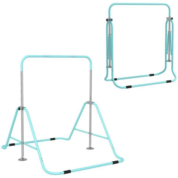 Kids gymnastic bar set with light blue foldable horizontal bars and adjustable stand legs