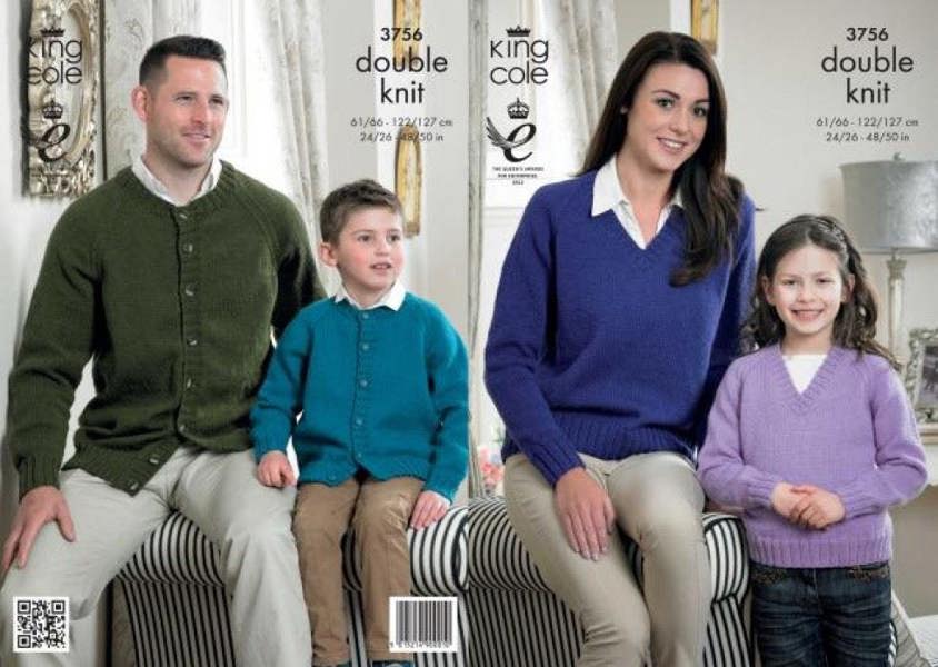 King Cole Merino Knitting Pattern 3756, Cardigans, Sweaters for Kids, Men, Women, 24 -50 Inches - Easy
