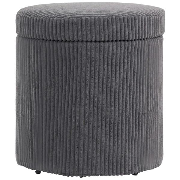 Grey corduroy round storage ottoman with padded lid and short legs