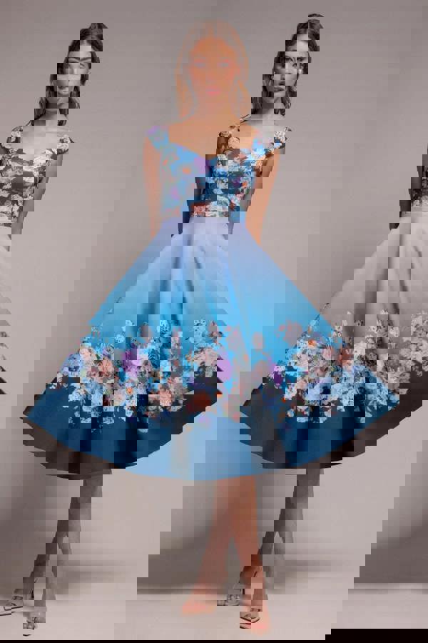Floral Printed Scuba Foam Skater Dress - Blue DR4269