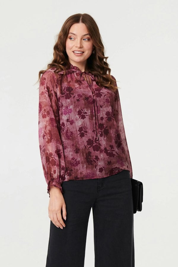 Purple | Floral Semi Sheer Tie Neck Blouse : Model is 5'9"/175 cm and wears UK8/EU36/US4/AUS8
