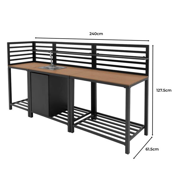 Stylish outdoor kitchen set featuring aluminum frame, wooden countertop, and sleek slatted design, ideal for entertaining and cooking outdoors