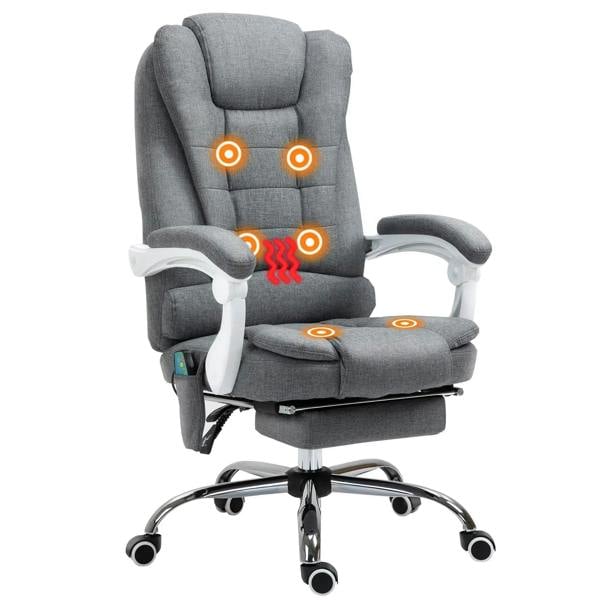 Grey upholstered ergonomic office chair with high back, armrests, swivel base, footrest