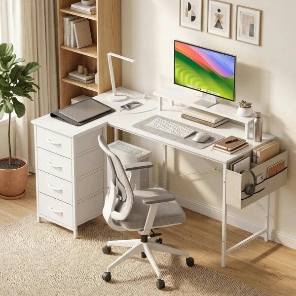 L Shaped Gaming Desk Reversible Power Outlets Corner Desk Storage Drawers Monitor Shelf 150 cm White