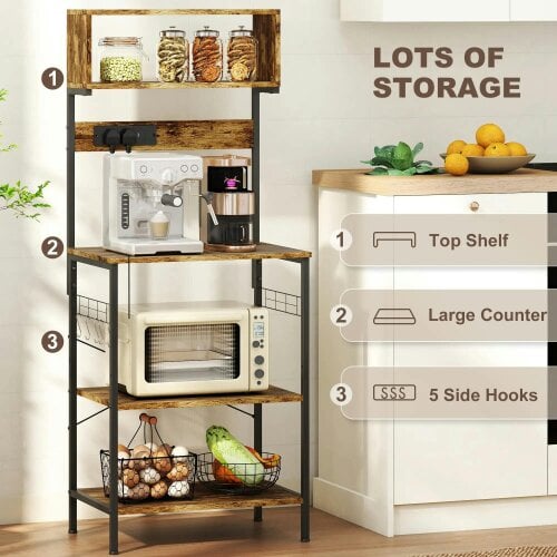 Bobobiy Bakers Rack with Power Outlet, Microwave Stand with Adjustable Shelves, 5 Hooks for Small Spaces, Rustic Brown