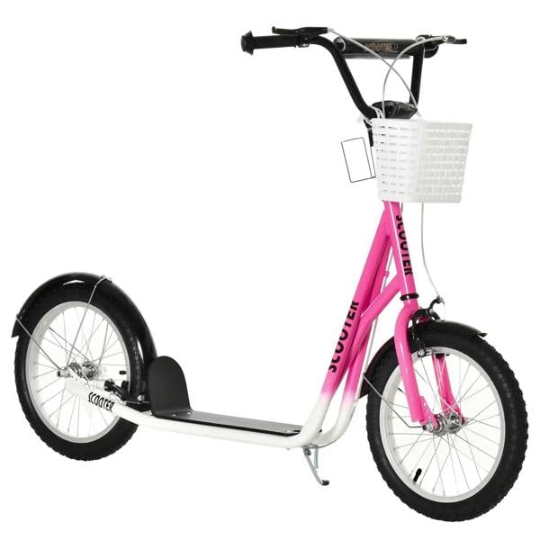 Pink kids kick scooter with black handlebar, front basket, and black inflatable wheels
