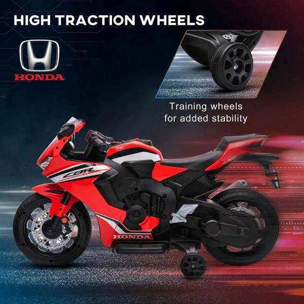Red and black Honda licensed kids motorcycle with training wheels and side profile