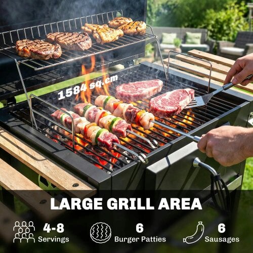 Bobobiy Charcoal BBQ Grill with Height Adjustable Charcoal Pan, Barbecue Smoker with Warming Rack, 3 Shelves, Bottle Opener Cooking Garden Party