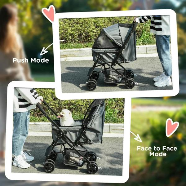 Grey pet stroller showing push mode and face-to-face mode with canopy and wheels.