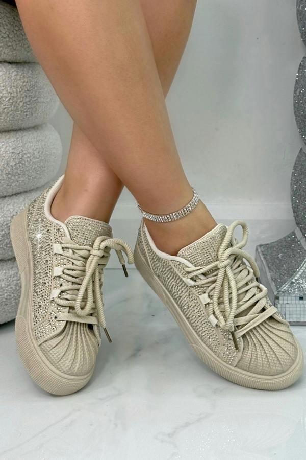 Crystal Embellished Aura Lace-Up Trainers Nude featuring crystal embellished detailing