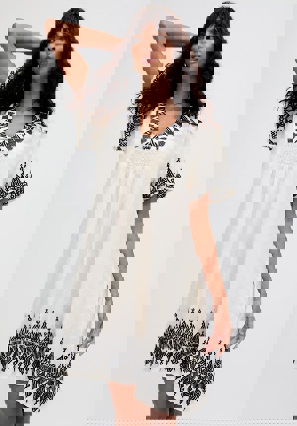 Liberty V-Neck Embroidered Mini Dress In Cream