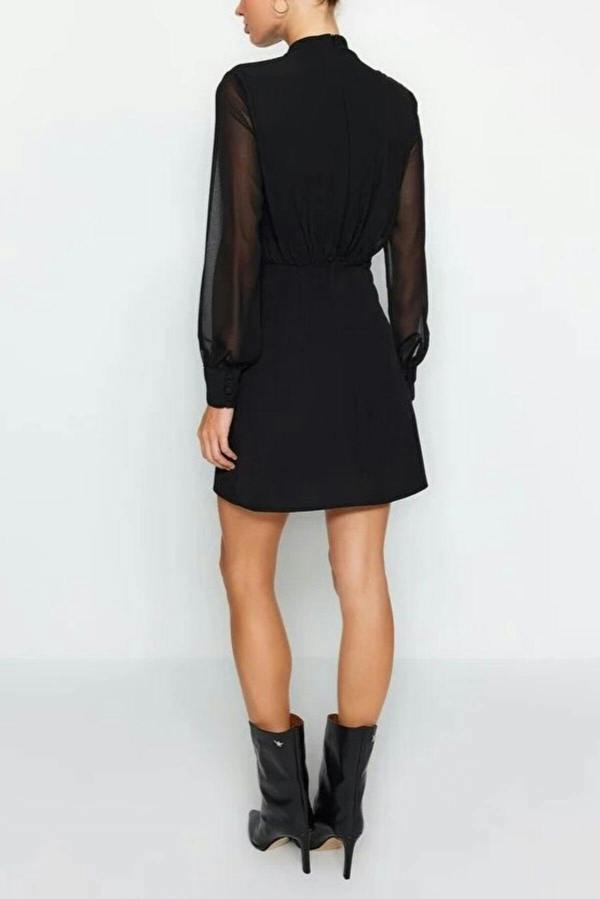 WOVCOR A-Line Stand-Neck Lined Chiffon Mini Woven Dress