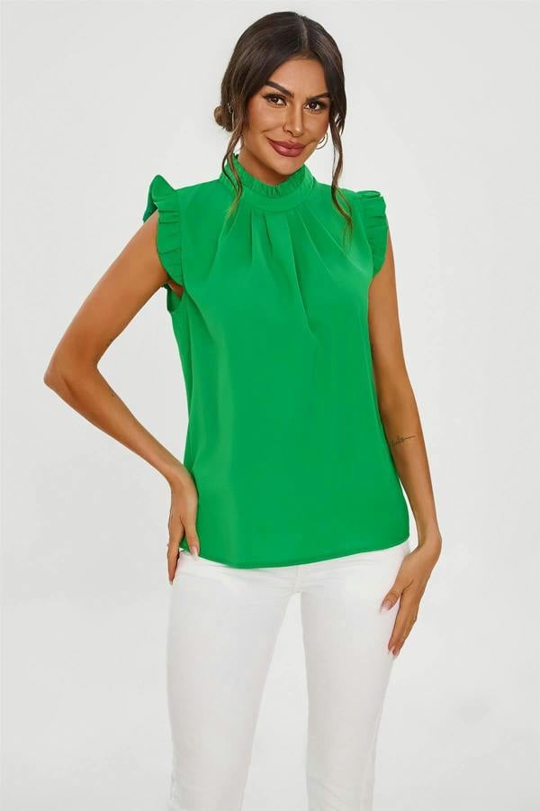 FS Collection Frill Trim Sleeve High Neck Blouse Top In Light Green