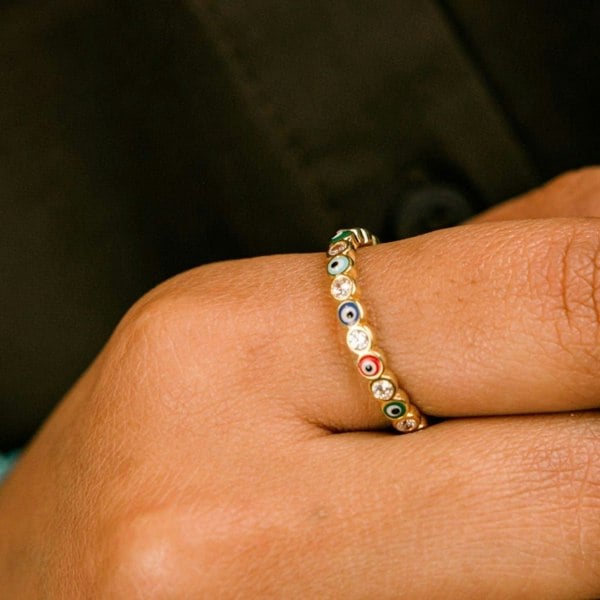 The Colourful Aura Adjustable Multicolour Minimalist Slim Stacking Evil Eye Band Ring