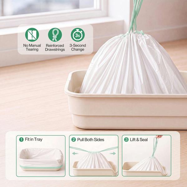 Skylos Cat Litter Bags XL Drawstring Heavy Duty 30 Pack 3 Rolls Easy Seal HDPE