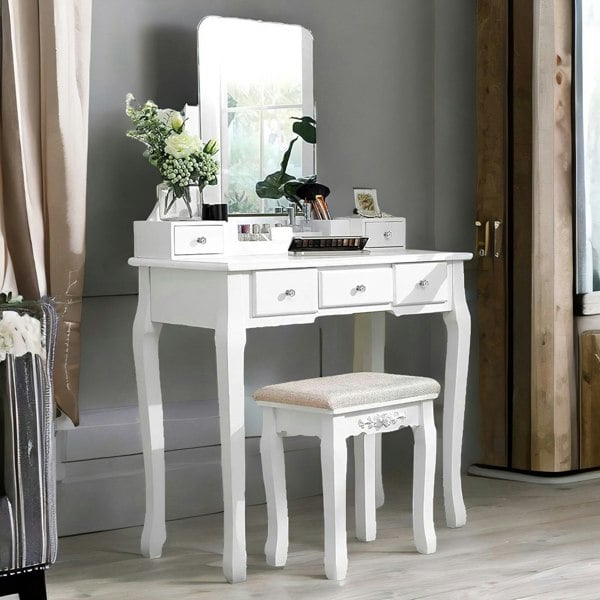 Rafaelo Mobilia 5 Drawer White Dressing Table With Mirror And Stool