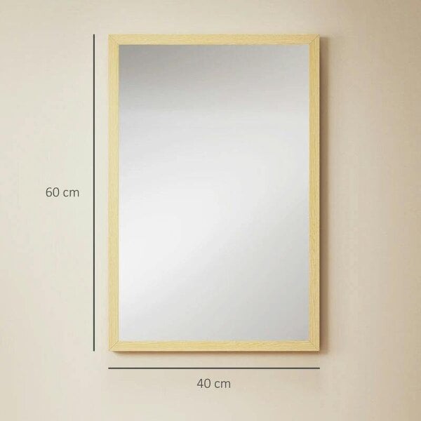 Bobobiy Wall Bathroom Mirror, 60 x 40 cm Wall-Mounted Mirror for Living Room, Bedroom, Hallway, Natural Wood Finish