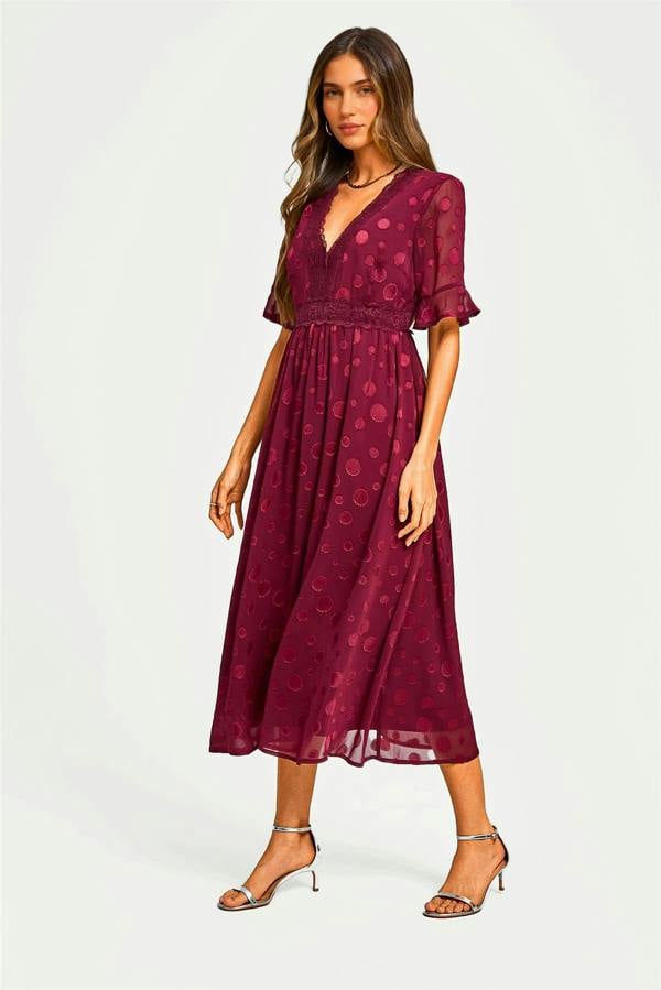 FS Collection Polka Dot Jacquard Long Sleeve Lace Trim V Neck Maxi Dress In Wine
