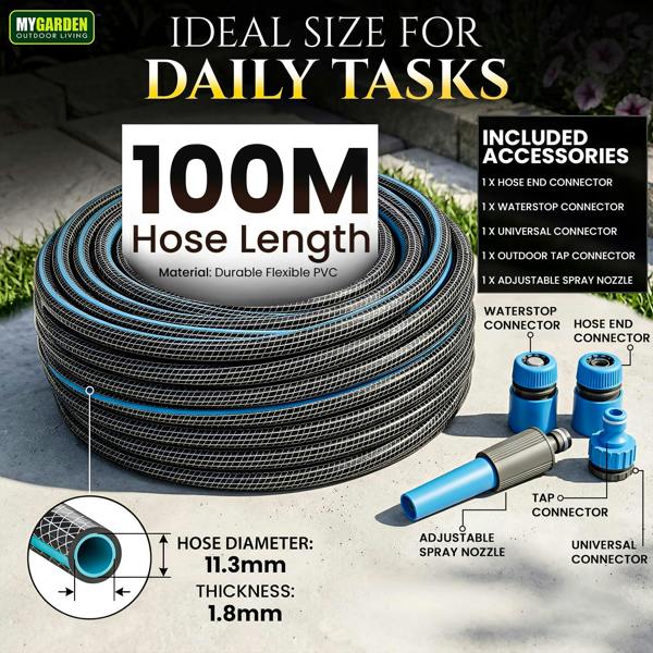 My Garden Outdoor Living Hose Pipe Anti Kink Hosepipe Inc 4 Connectors - 11.3mm Dia - Durable Triple Layer Water Hose with Spray Nozzle