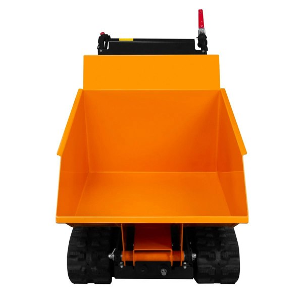 Tracked Mini Dumper Petrol Tipper with a bright orange tipping bucket and rugged tracks, designed for efficient material transport