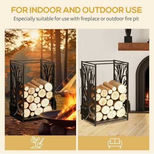Bobobiy Steel Firewood Log Holder Firewood Rack Fireplace Wood Storage Shelf with 4 Tools, Tree Pattern Design, Black, 46W x 30D x 70H cm