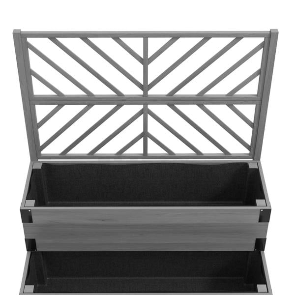 Grey raised garden bed with trellis, open top showing two inner planter compartments