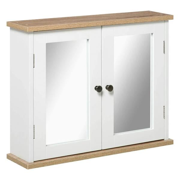 White wall-mounted bathroom mirror cabinet with double doors, clear glass panels, wood top