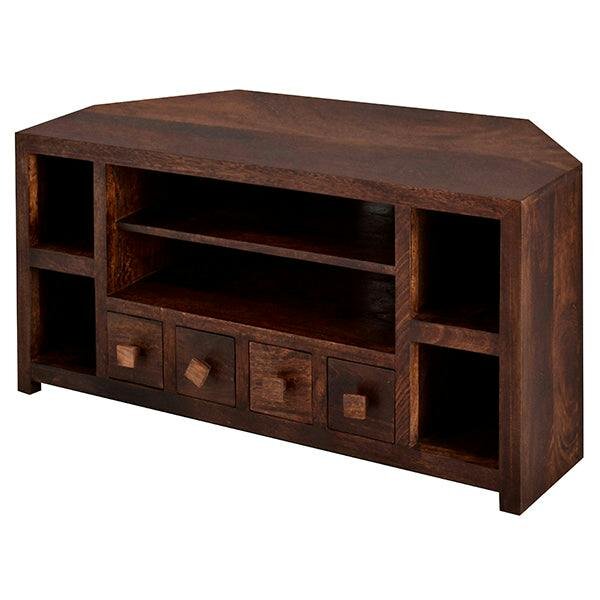 Wyld Haus Phuket Dark Mango Wood Corner TV Unit 4 Drawers 6 Shelves