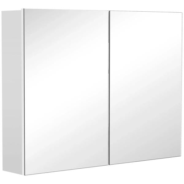 White double-door bathroom mirror cabinet with two reflective doors, slim frame