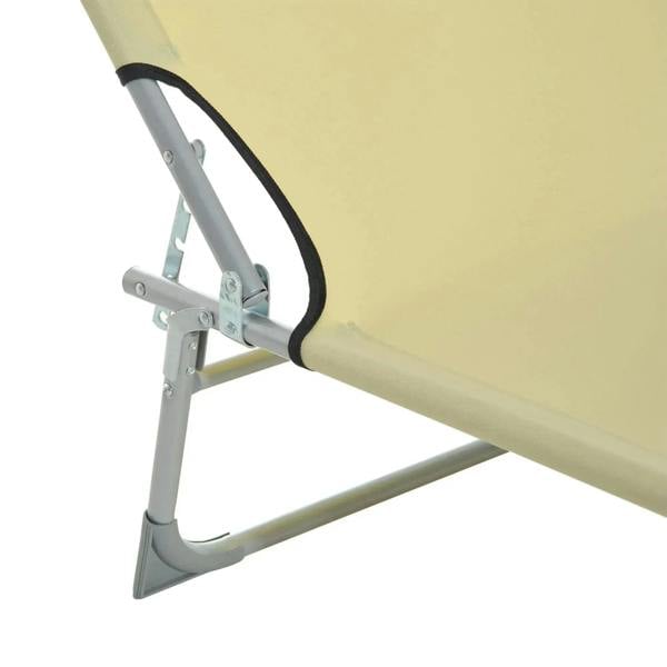 Beige lounger chair with adjustable back hinge and gray steel base supports