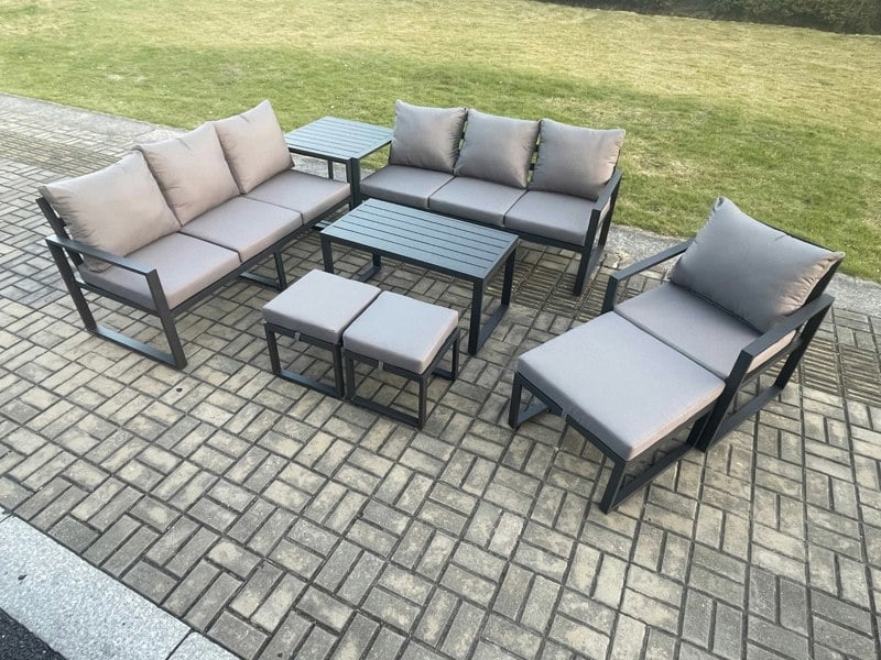 Fimous Aluminium 8 Pieces Garden Furniture Set with Cushions 10 Seater Outdoor Patio Lounge Sofa Set with Armchair 3 Footstools Side Table Dark Grey