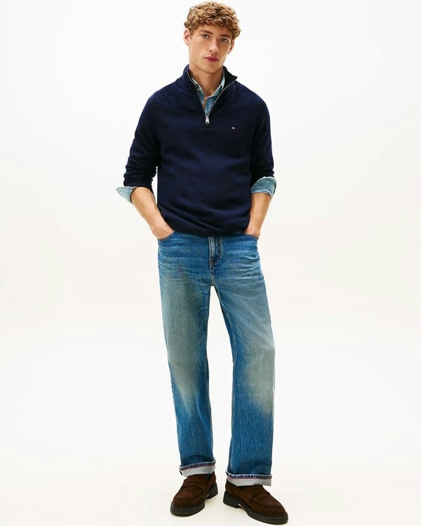 Tommy Hilfiger Lambswool Half-Zip Mock Neck Mens Jumper - Desert Sky