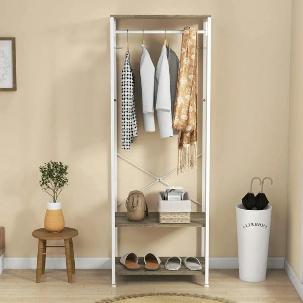 White hallway coat rack with hanging rail, grey shelves, and shoe storage lower tier