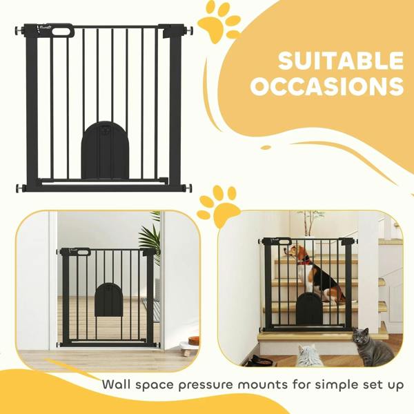 Black pet safety gate with cat flap shown for doorway or stairs in a two-panel layout